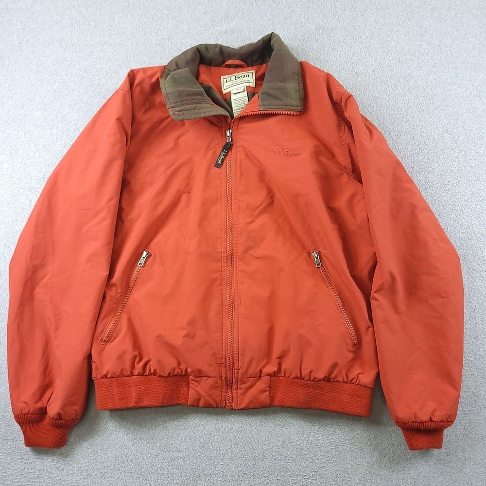 LL Bean Warm Up Jacket Mens Medium Orange Flannel Lined Full Zip Outdoors 500395